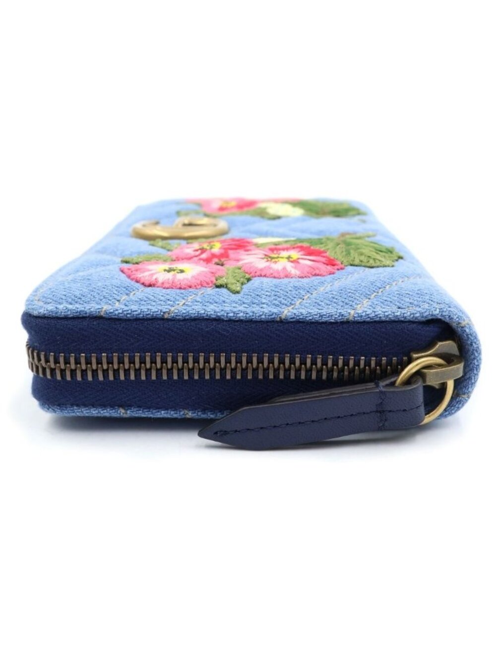 Gucci GG Marmont Flower Embroidery Chevron Zip Around Wallet Multicolor Denim - Picture 3 of 6
